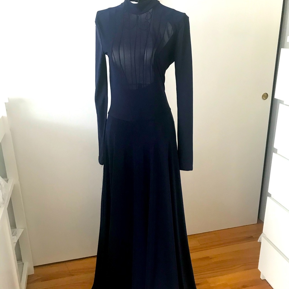 Elegant, dark blue, naked back evening gown